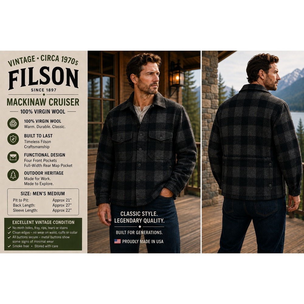 Vintage Circa 70's Filson Mackinaw Cruiser Wool Jacket Black Gray Plaid USA 1848